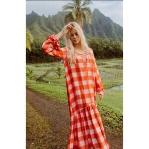 Sundress Isla Gingham Tiered Modal Maxi Dress Cream Coral Size XS/S